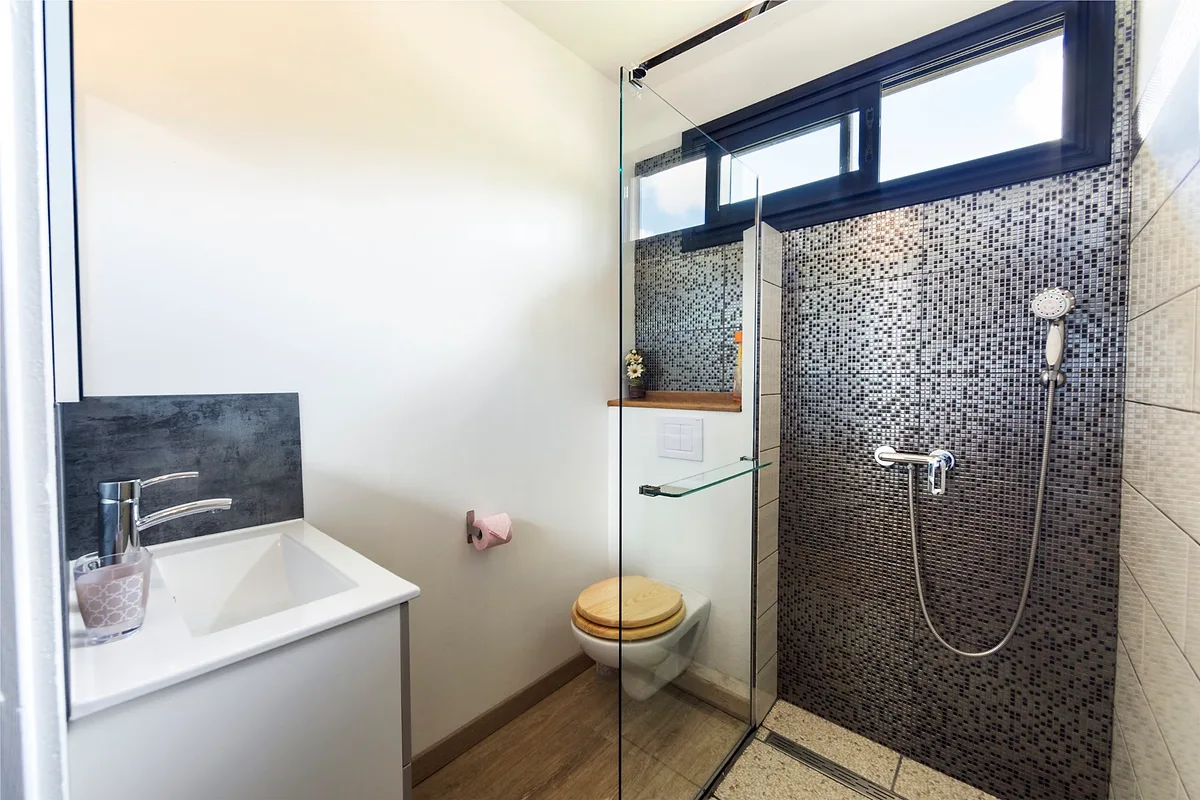 Une salle de douche avec sa paroi vitrée et son carrelage en mosaïque